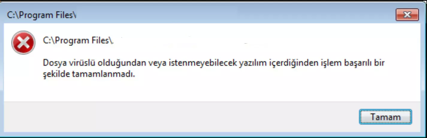 Dosya virüslü olduğundan veya istenmeyecek yazılım içerdiğinden hatası